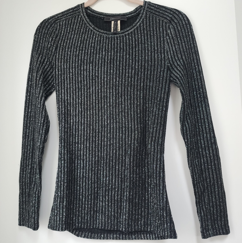 BCBGMaxAzria Black & Silver Metallic Long Sleeve Top Sz XS